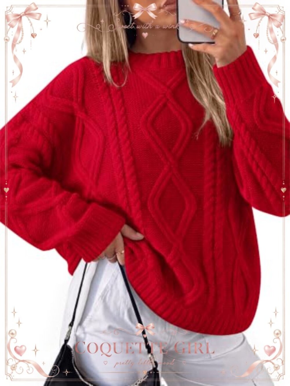 Women Oversized Chunky Cable Knit Crewneck Sweater 100% Acrylic Casual Layering